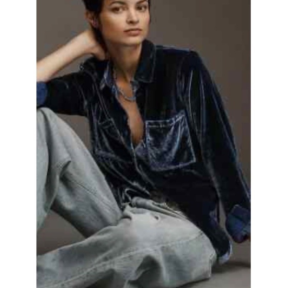 Anthropologie Pilcro Velvet Button Up Shirt‎ Blue Long Sleeve Pocket Size Small